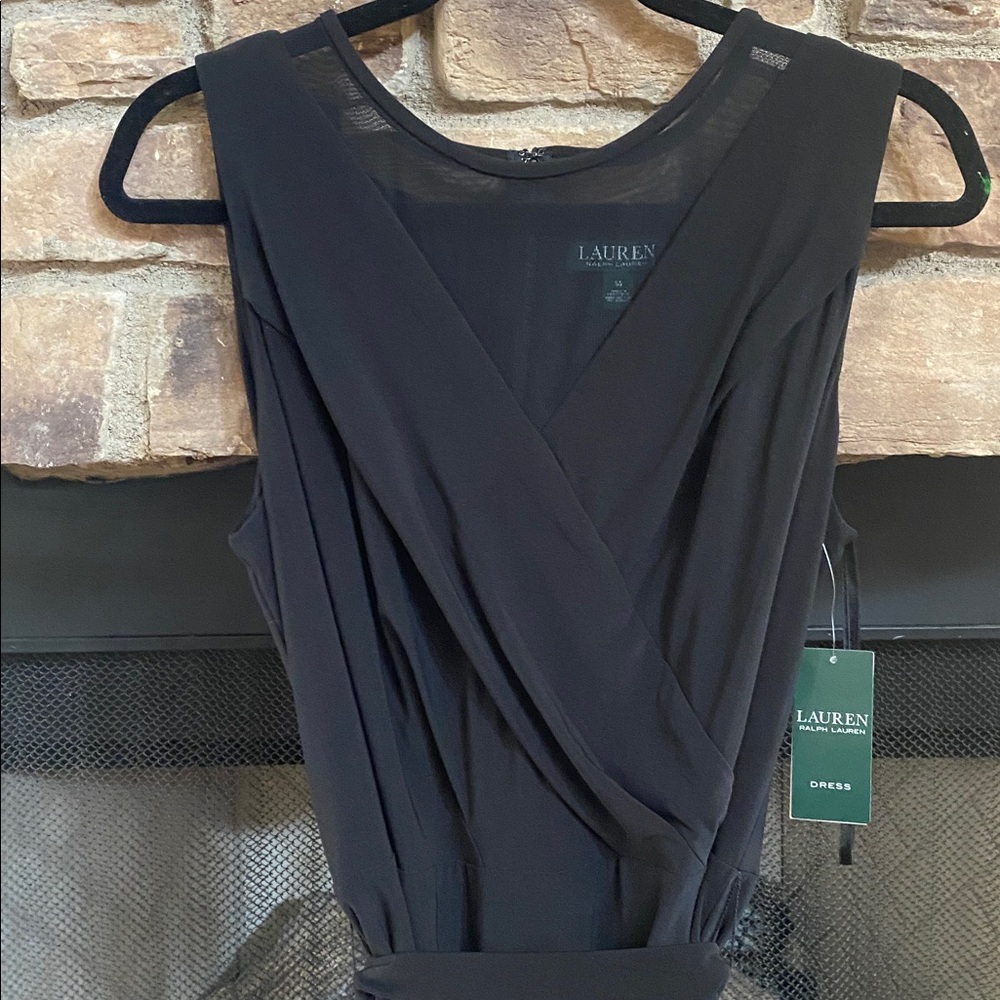 NWT Lauren Ralph Lauren Classic Black Dress with mesh draped neckline. Size 14 - Picture 5 of 13